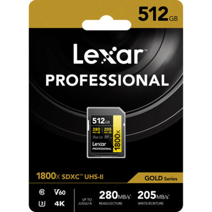 Lexar 512GB Professional 1800x UHS-II SDXC Memory Card GOLD V60 280MB/s