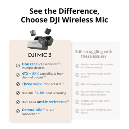 DJI Mic 3 Wireless Microphone (2 TX + 1 RX) with Charging Case – 28H Battery for iPhone, Android & Camera