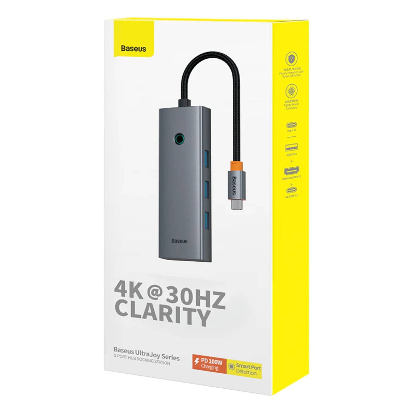 Baseus USB-C 5-in-1 Hub UltraJoy | HDMI 4K, 3× USB 3.0, PD Charging – Grey