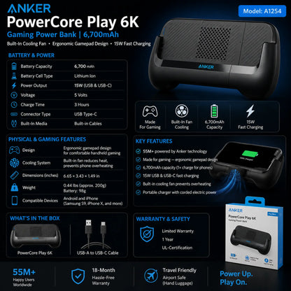 Anker PowerCore Play 6K Mobile Game Controller 6700mAh Power Bank with Cooling Fan