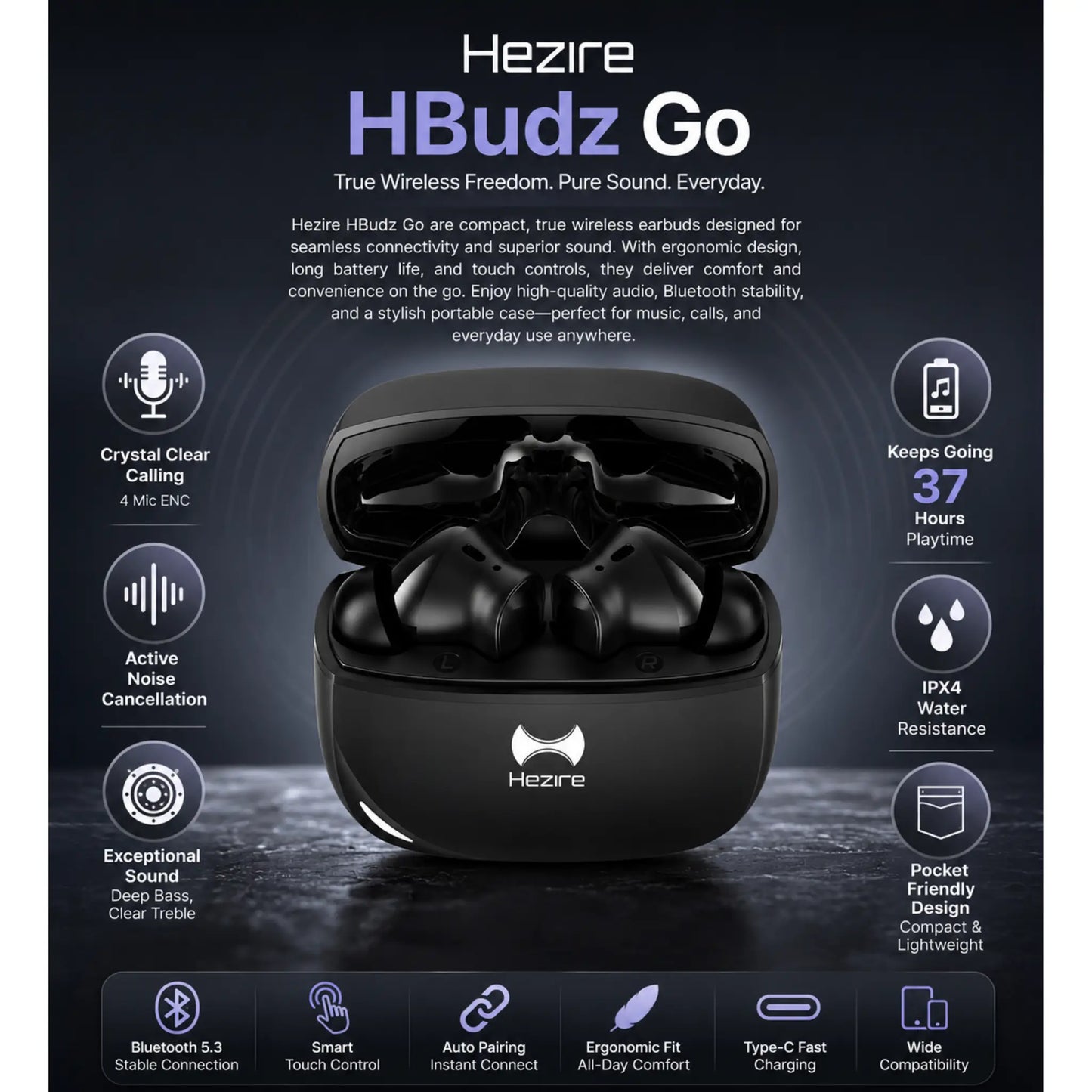 Hezire HBudz Go True Wireless Earbuds Black HEZ-TWS-750 | ANC & 37H Playtime