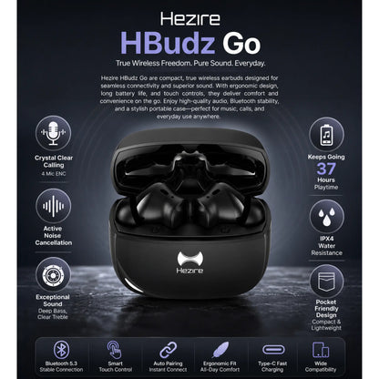 Hezire HBudz Go True Wireless Earbuds Black HEZ-TWS-750 | ANC & 37H Playtime