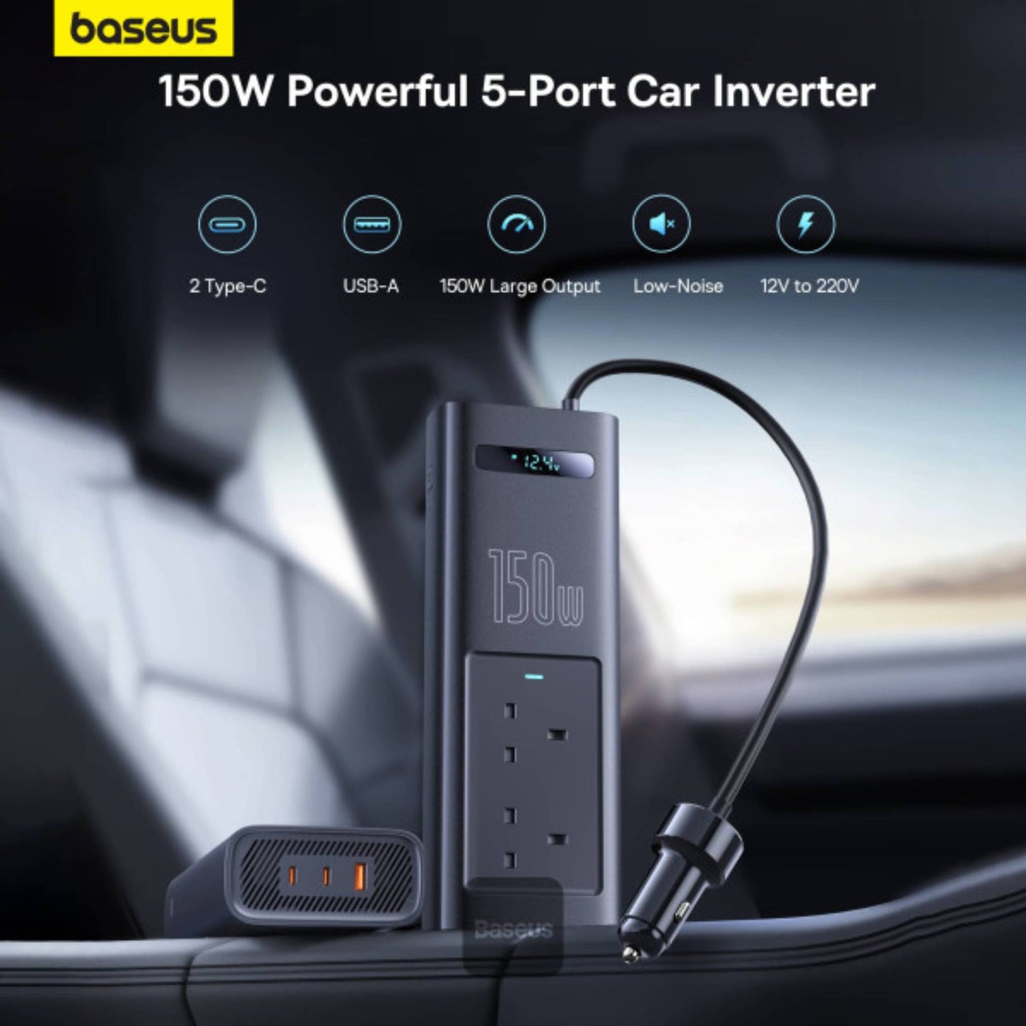 Baseus 150W Car Power Inverter with 5 Ports & UK Plug | Fast Charging for Laptops & Phones