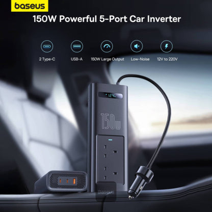 Baseus 150W Car Power Inverter with 5 Ports & UK Plug | Fast Charging for Laptops & Phones