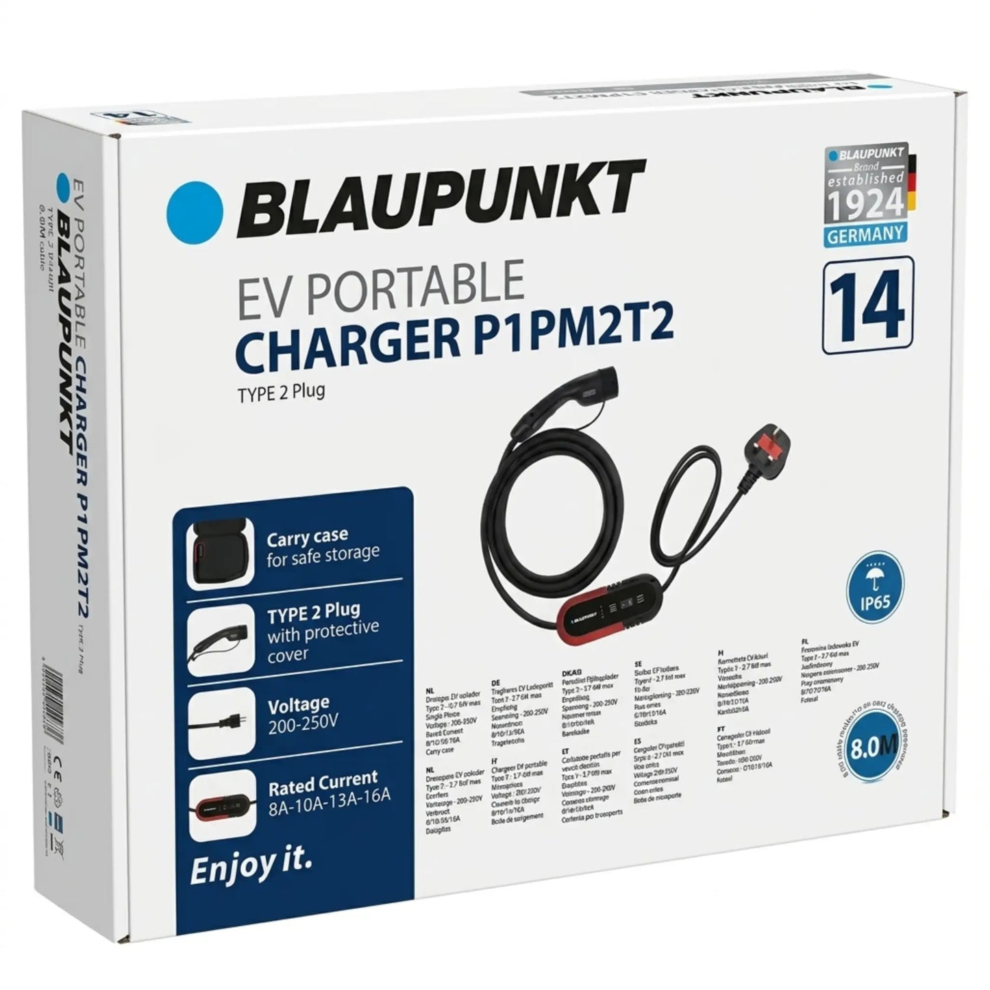Blaupunkt P1PM2T2 Portable EV Charger 3.7KW Type 2 | 230V 8-16A Electric Car Charger