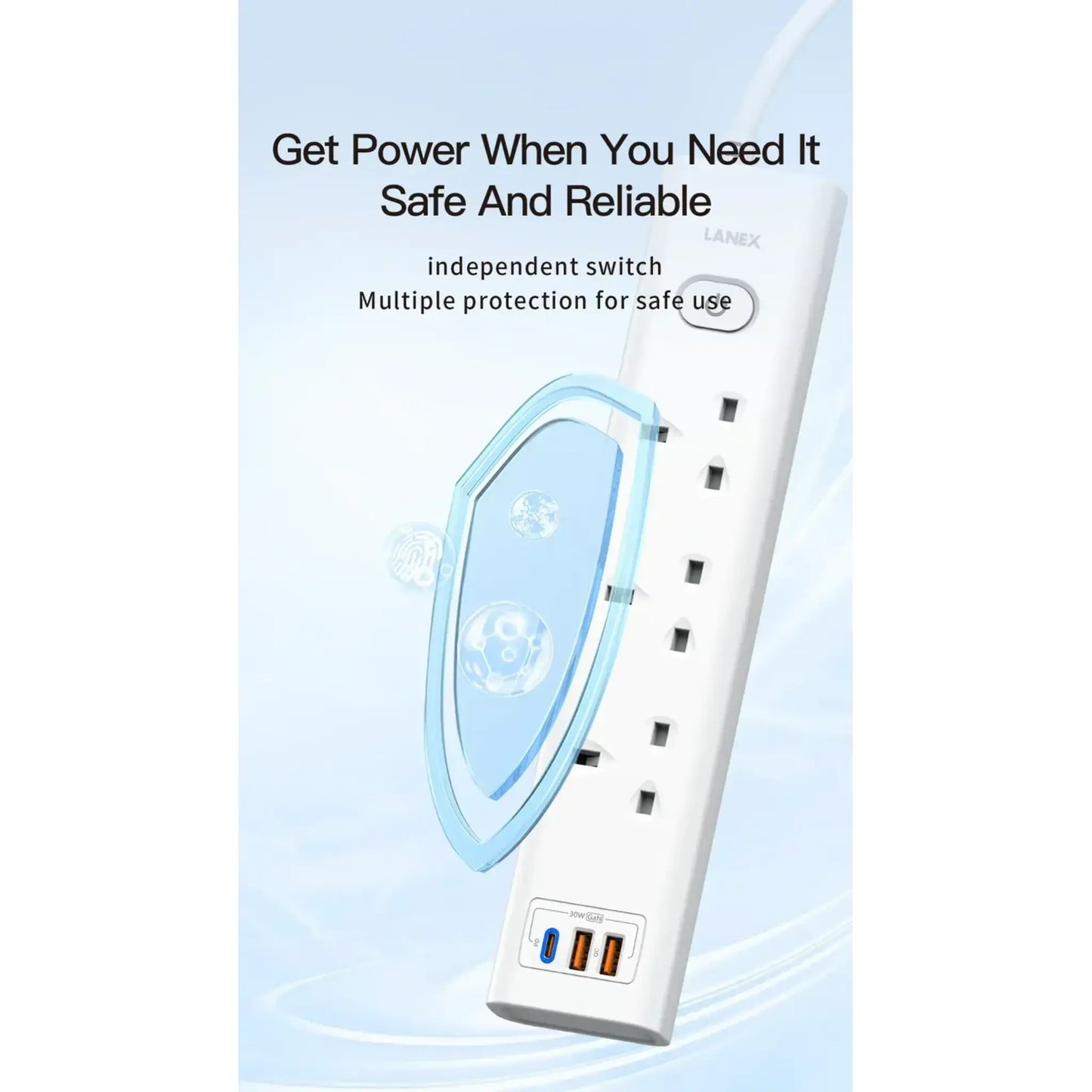 LANEX LC68U PD 3.0 QC 3.0 USB Power Socket Extension with USB-C & USB-A Ports