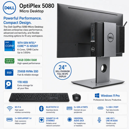 Dell OptiPlex 5080 Micro Desktop | 10th Gen Intel® Core™ i5-10500T | 16GB DDR4 RAM, 256GB NVMe SSD