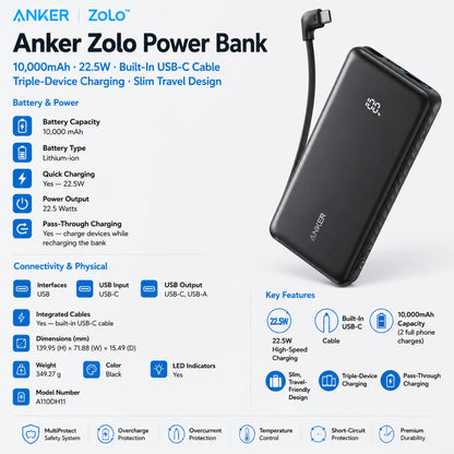 Anker Zolo Power Bank 10000mAh 22.5W Built-In USB-C Cable Black