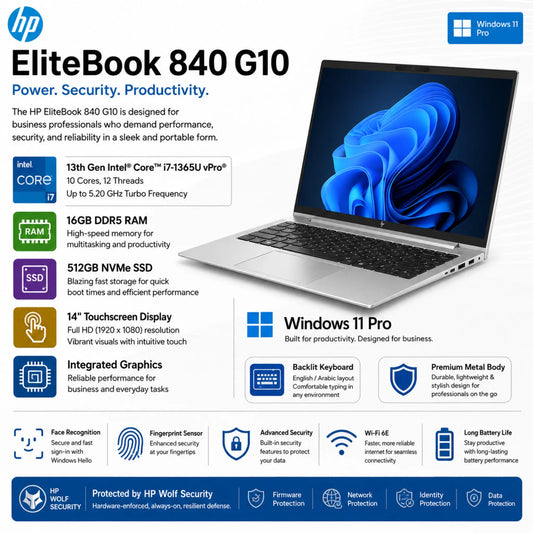 HP EliteBook 840 G10 | 13th Gen Intel® Core™ i7-1365U vPro | 16GB DDR5 RAM, and 512GB NVMe SSD
