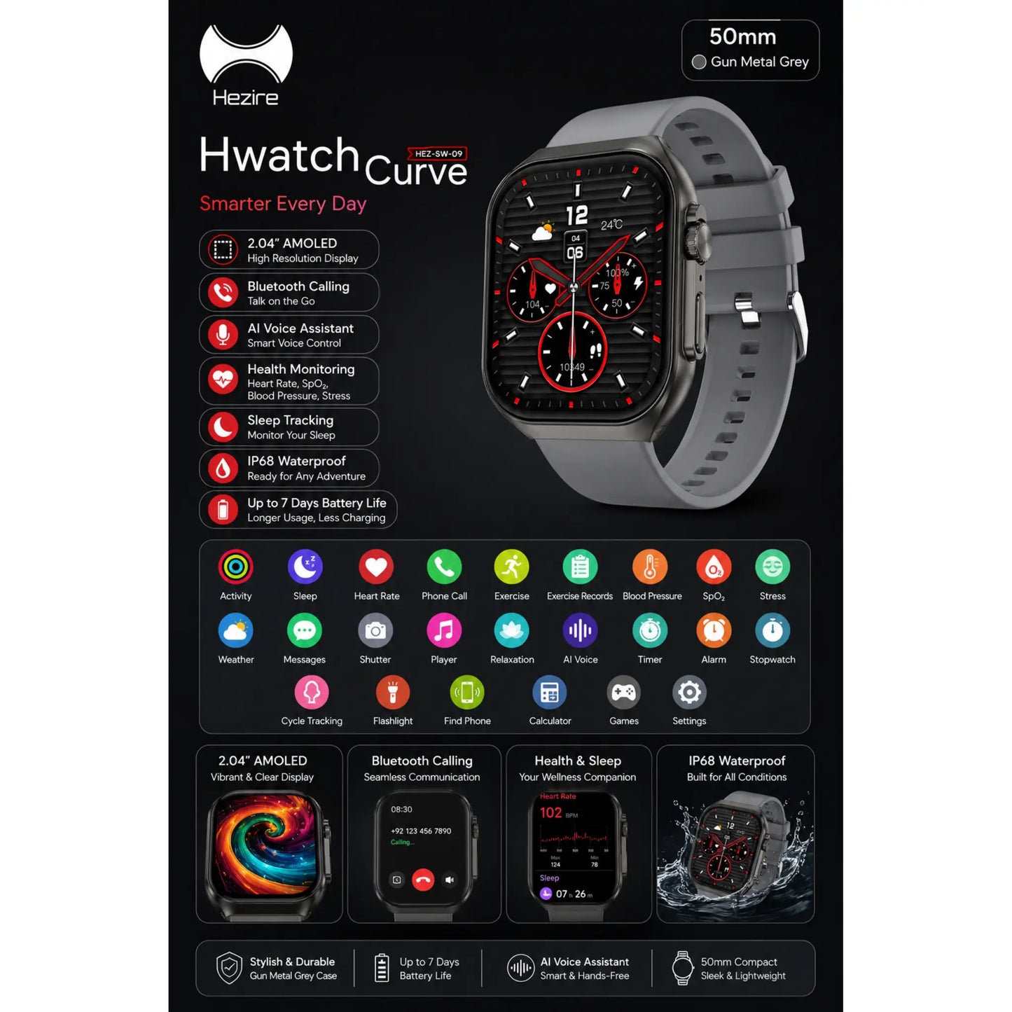 Hezire Hwatch Curve Smartwatch AMOLED Display Bluetooth Calling | HEZ-SW-09