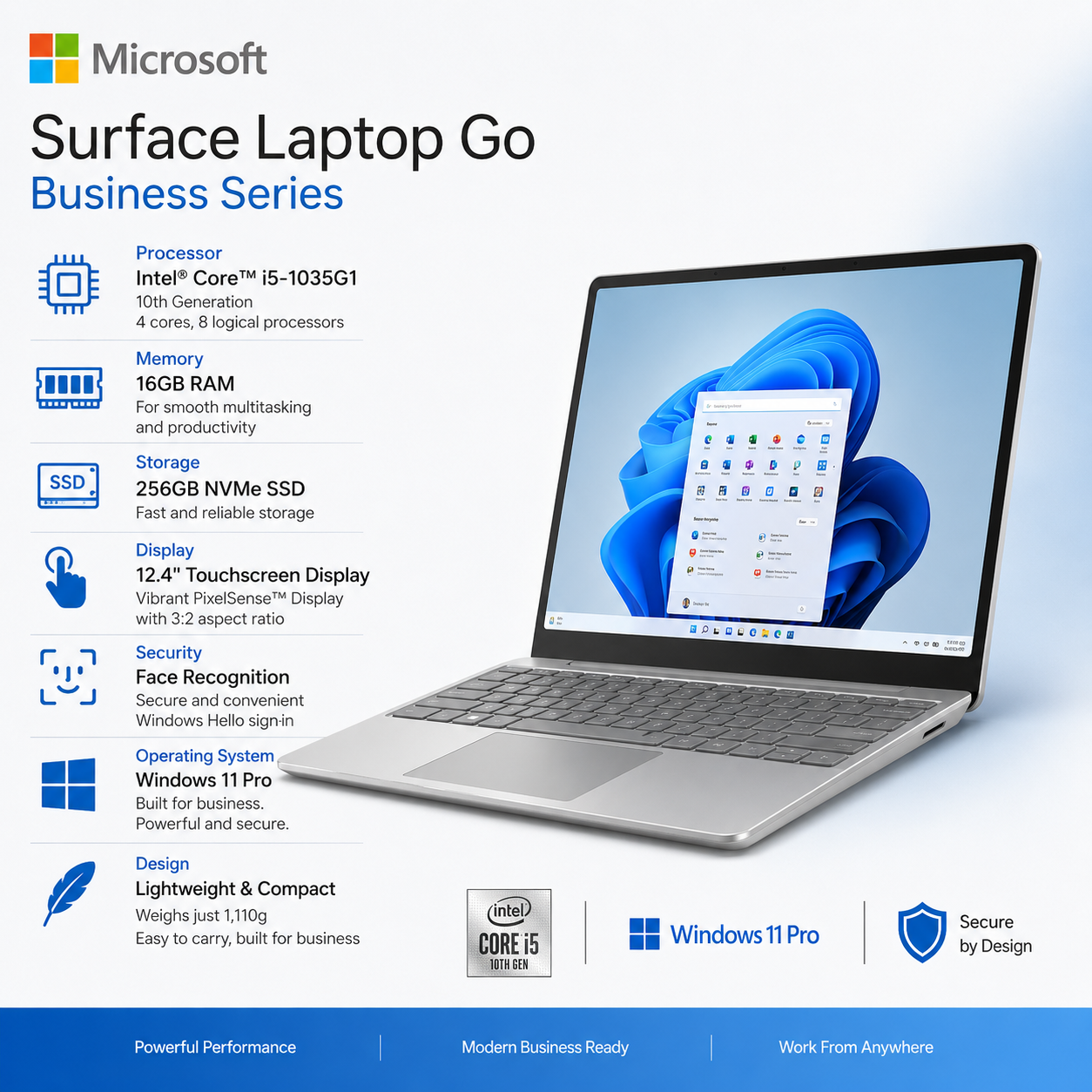 Microsoft Surface Laptop Go Business Series | Intel® Core™ i5-1035G1 10th Generation | 16GB RAM, and a fast 256GB NVMe SSD