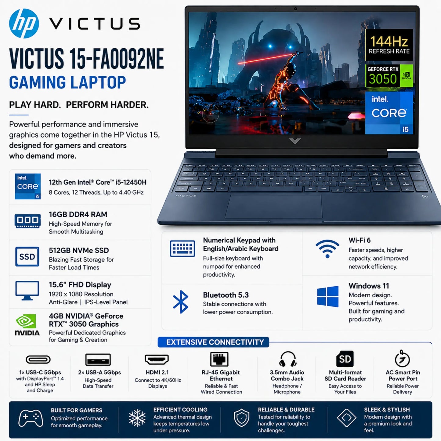 HP Victus 15-FA0092NE Gaming Laptop | 12th Gen Intel® Core™ i5-12450H | 16GB DDR4 RAM, 512GB NVMe SSD | 4GB NVIDIA® GeForce RTX™ 3050