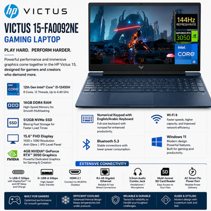 HP Victus 15-FA0092NE Gaming Laptop | 12th Gen Intel® Core™ i5-12450H | 16GB DDR4 RAM, 512GB NVMe SSD | 4GB NVIDIA® GeForce RTX™ 3050