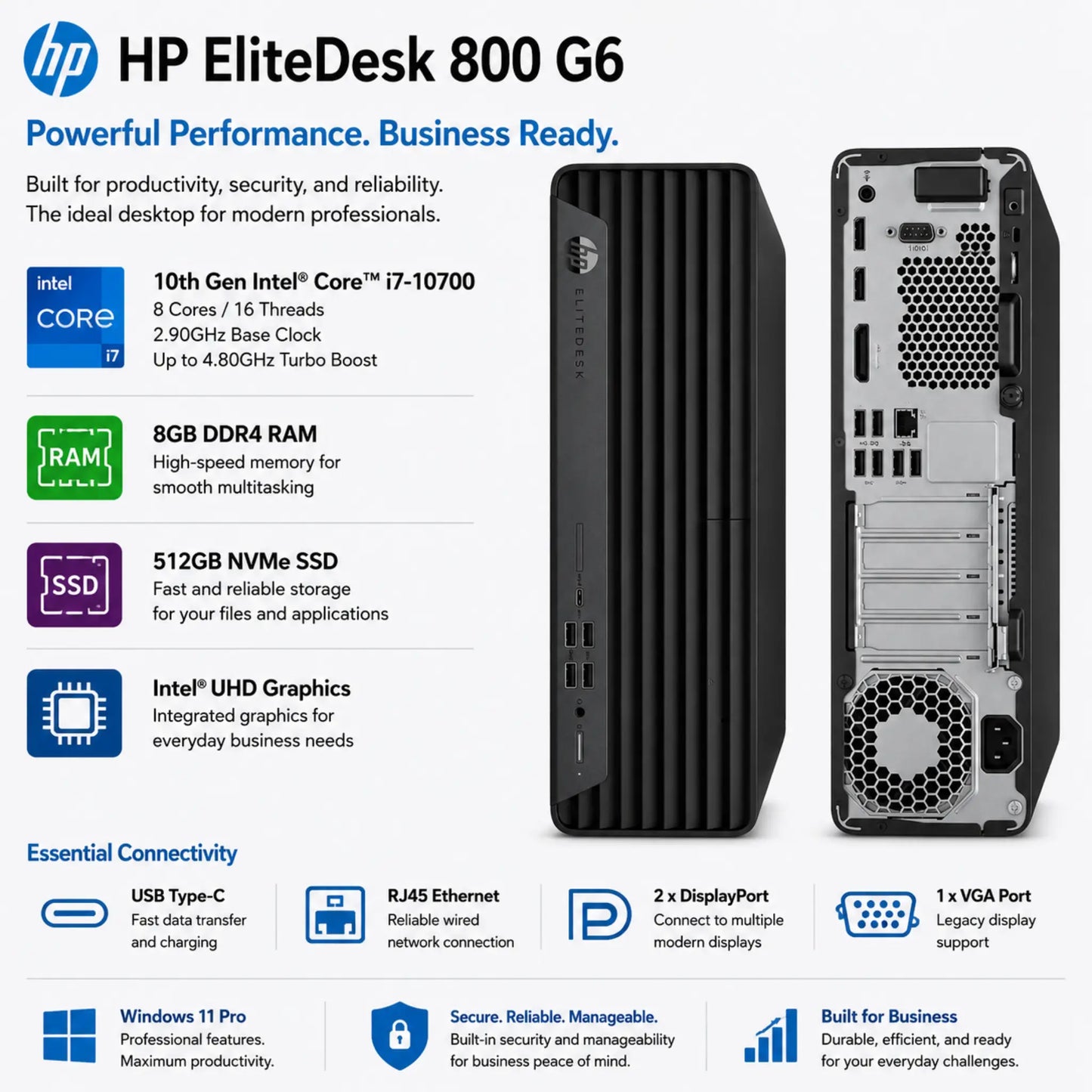 HP EliteDesk 800 G6 | 10th Gen Intel® Core™ i7-10700 processor | 8GB DDR4 RAM and 512GB NVMe SSD
