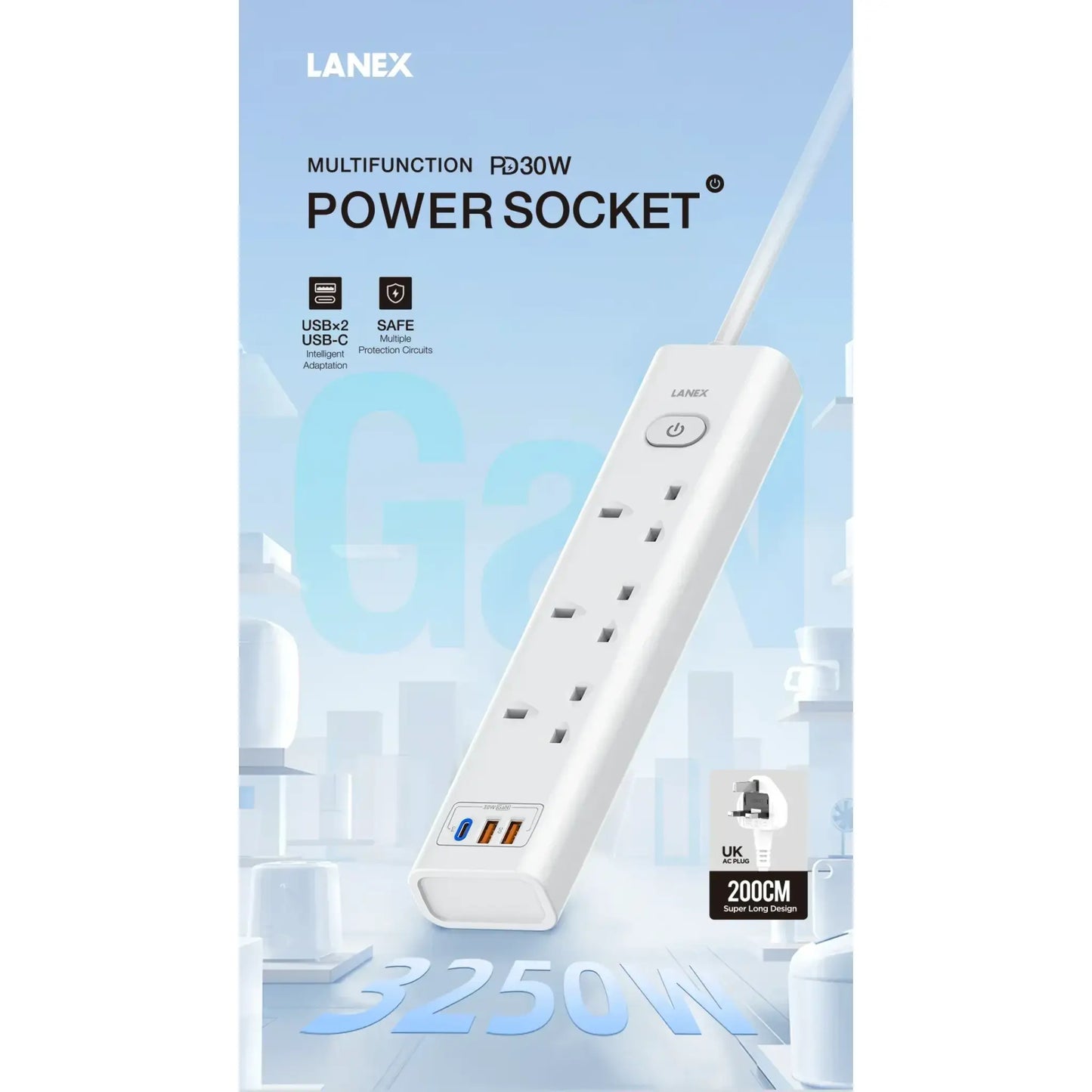 LANEX LC68U PD 3.0 QC 3.0 USB Power Socket Extension with USB-C & USB-A Ports