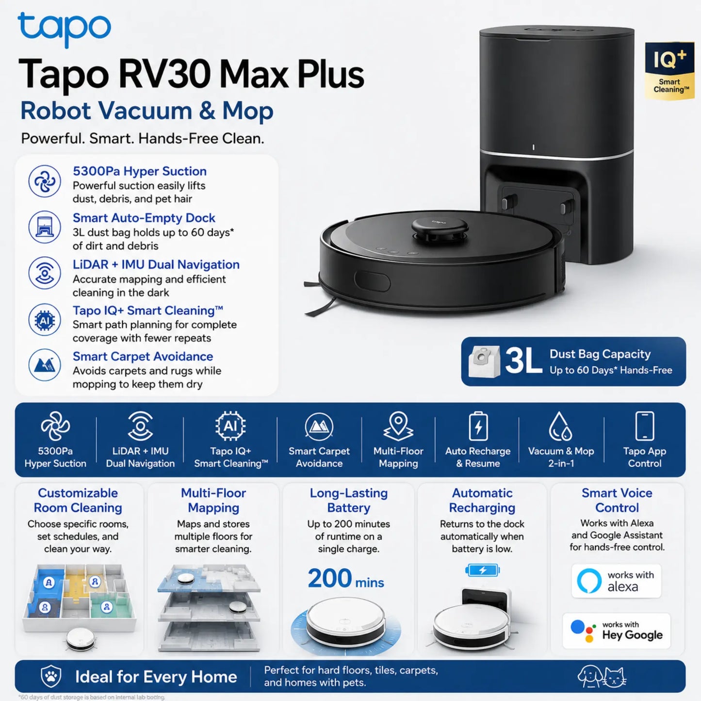 TP-Link Tapo RV30 Max Plus Robot Vacuum & Mop | 5300Pa Suction & Auto-Empty Dock