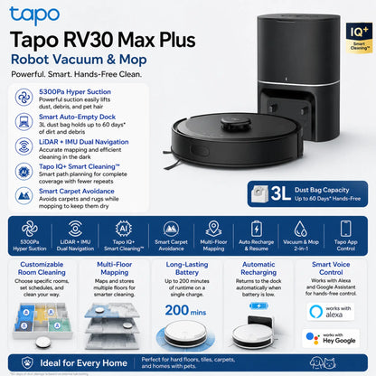 TP-Link Tapo RV30 Max Plus Robot Vacuum & Mop | 5300Pa Suction & Auto-Empty Dock