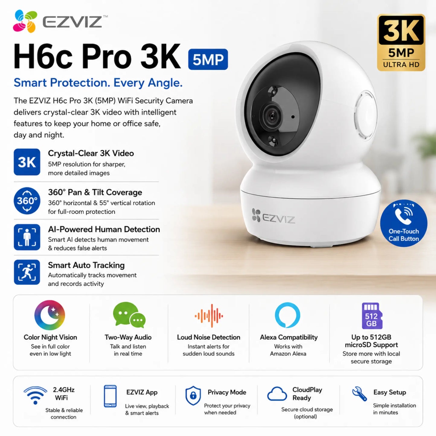 EZVIZ H6c Pro 3K 5MP WiFi Security Camera Pan & Tilt