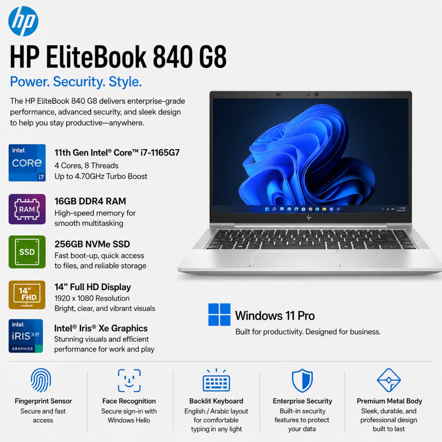 HP EliteBook 840 G8 Metal Body Laptop | 11th Generation Intel® Core™ i7-1165G7 | 16GB DDR4 RAM, and 256GB NVMe SSD