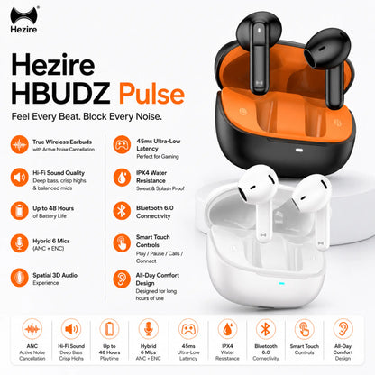 Hezire HBUDZ Pulse ANC True Wireless Earbuds | 48H Battery & Bluetooth 6.0 | HEZ-TWS-650