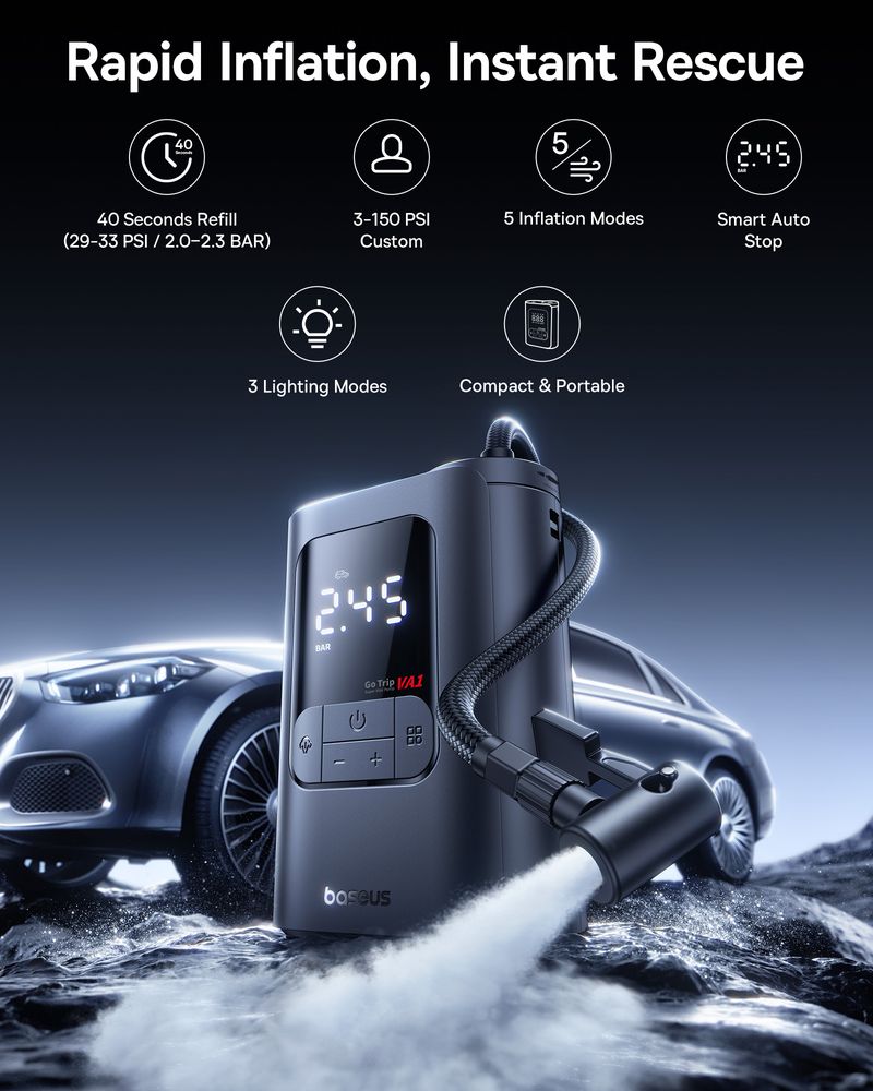Baseus GoTrip VA1 Max and VA1 Pro Car Air Pump 7500mAh Portable Tire Inflator – Fast 100W Air Compressor