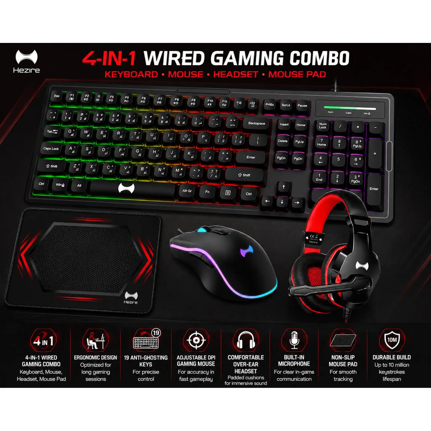 Hezire H-Gamekit X4 Gaming Combo Set – Keyboard, Mouse, Headset & Mouse Pad | HEZ-GAM-KIT-X4