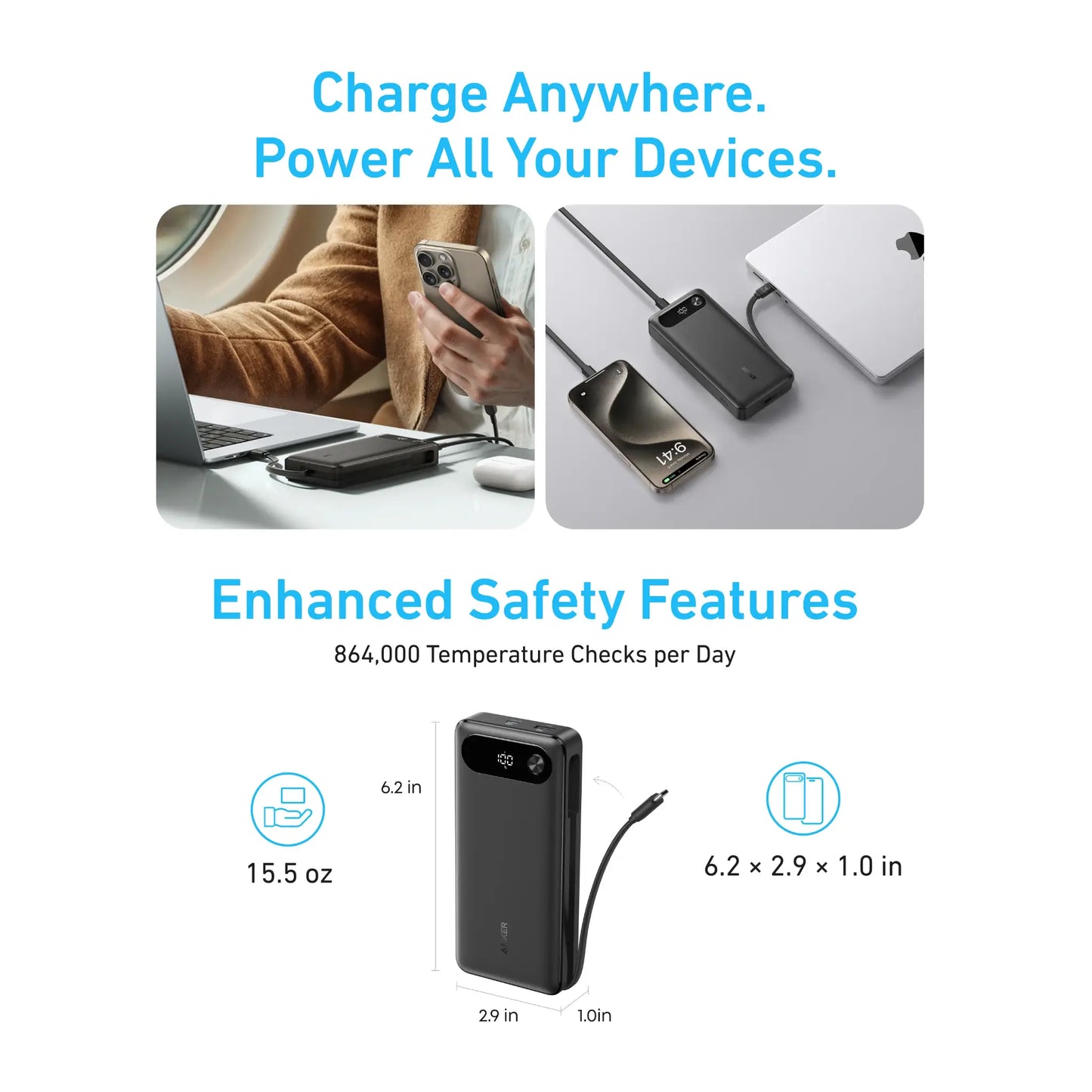 Anker Power Bank 20,000mAh 87W with Built-In USB-C Cable