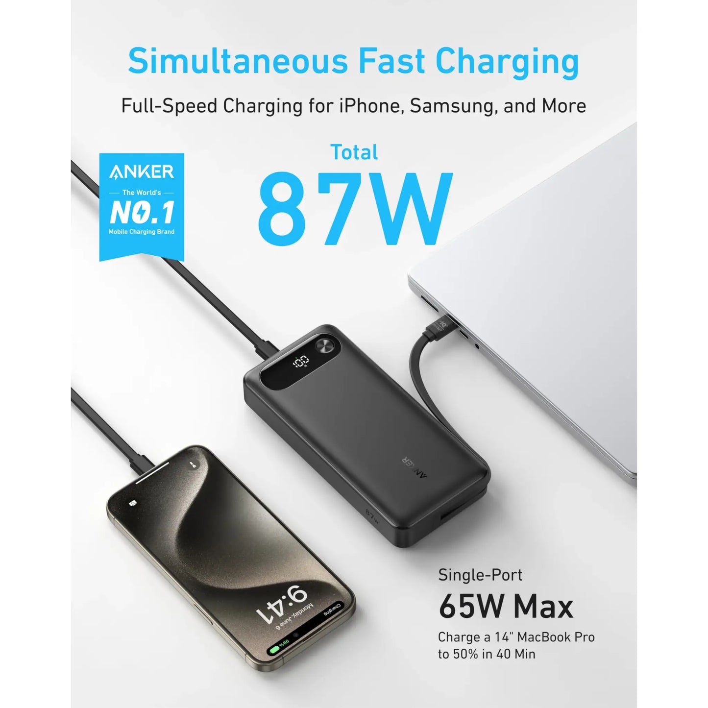 Anker Power Bank 20,000mAh 87W with Built-In USB-C Cable