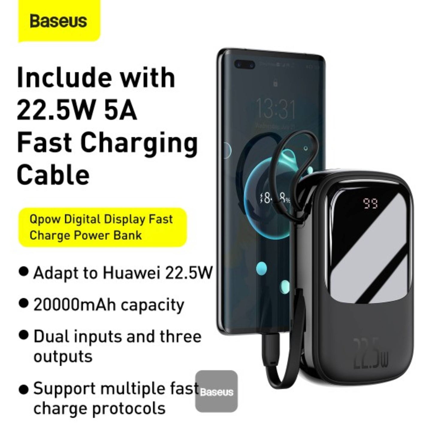 Baseus Qpow Pro Digital Display quick charging power bank 20000mAh 22.5W With Type-C Cable