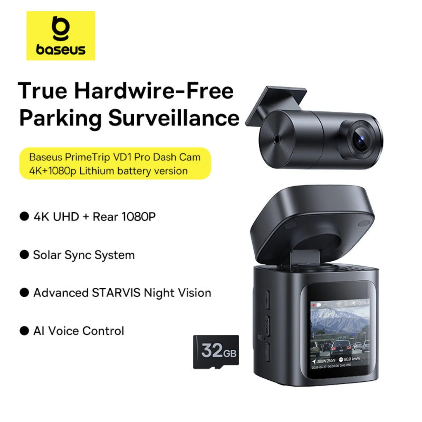 Baseus PrimeTrip VD1 Pro 4K Dash Cam – Solar Powered, STARVIS Night Vision, WiFi 6