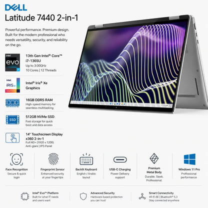 Dell Latitude 7440 2-in-1 | Intel® Evo™ Core™ i7-1365U 13th Gen | 16GB DDR5 RAM, and a fast 512GB NVMe SSD