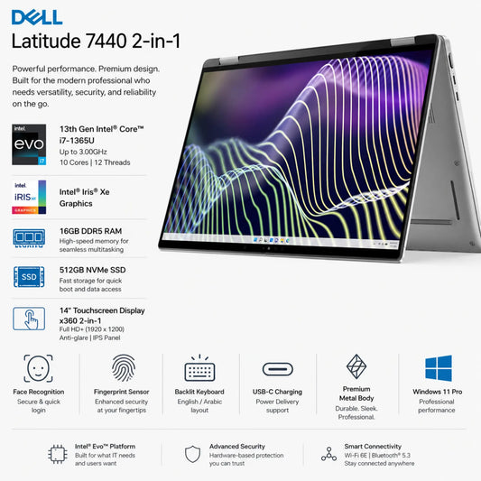 Dell Latitude 7440 2-in-1 | Intel® Evo™ Core™ i7-1365U 13th Gen | 16GB DDR5 RAM, and a fast 512GB NVMe SSD