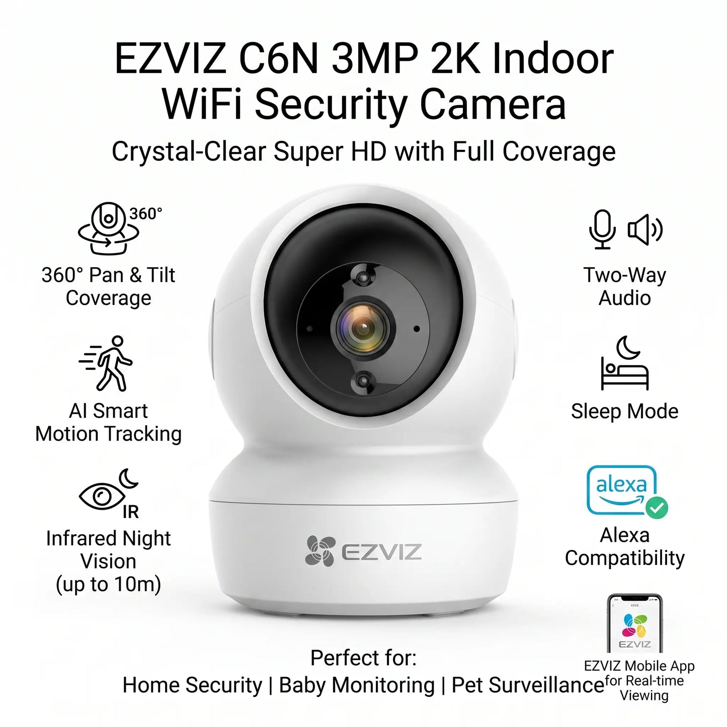 EZVIZ C6N 3MP 2K WiFi Indoor Security Camera with Smart Tracking