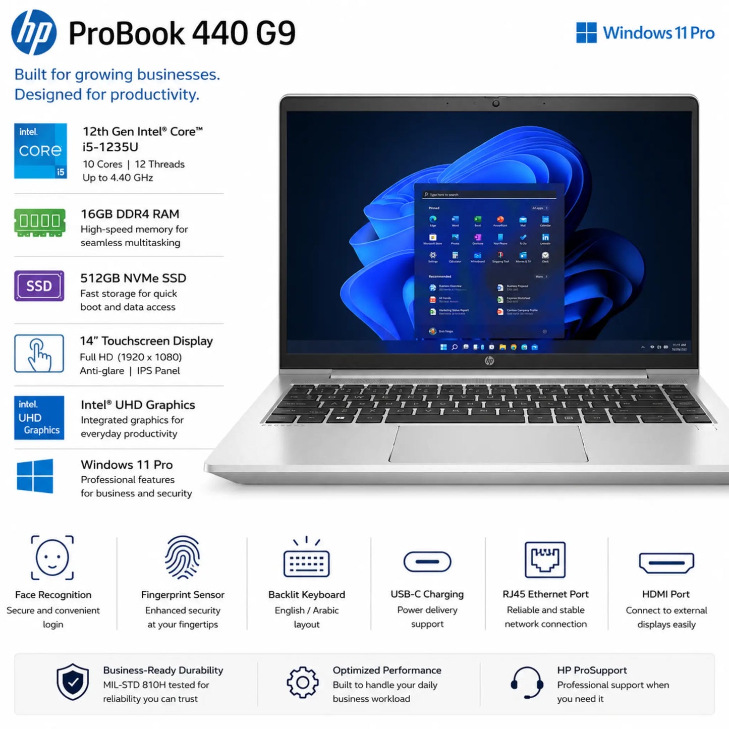 HP ProBook 440 G9 | Intel® Core™ i5-1235U | 16GB DDR4 RAM, and a fast 512GB NVMe SSD