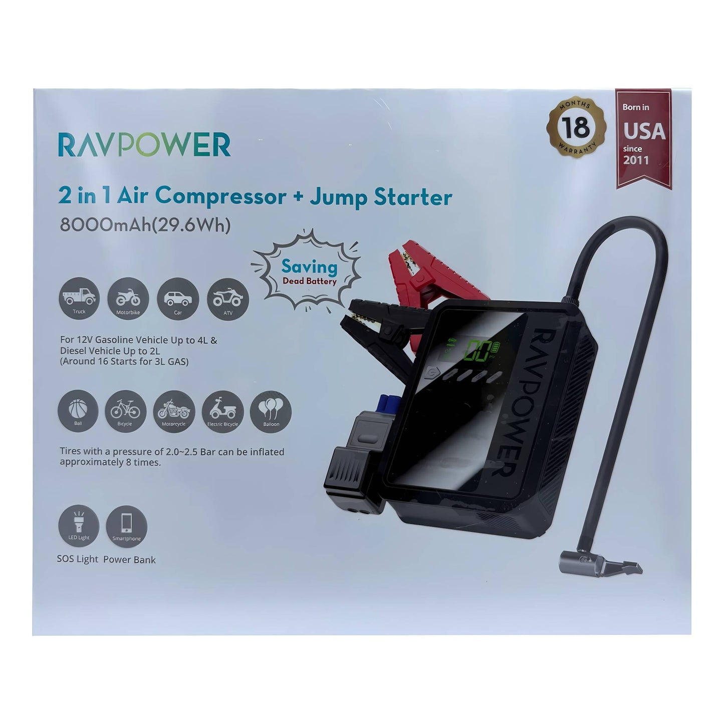 RavPower 2-in-1 Jump Starter RP-PB1240 Power Bank | 29.6Wh With Air Pump