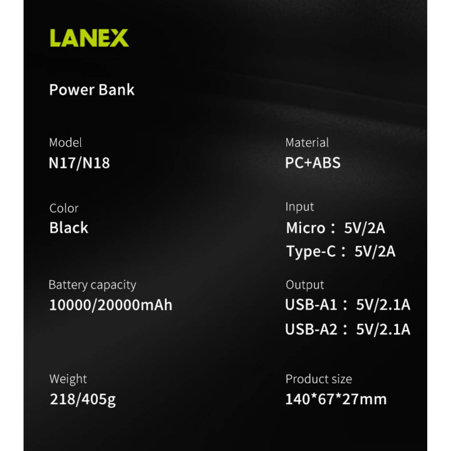 LANEX N18 20000mAh Fast Charging Power Bank 10W Dual USB Portable Charger
