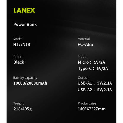 LANEX N18 20000mAh Fast Charging Power Bank 10W Dual USB Portable Charger