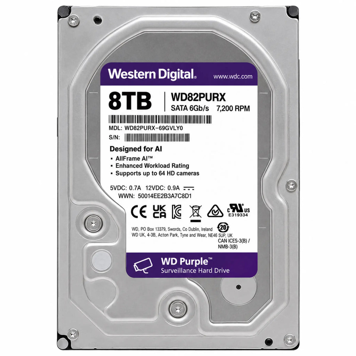 Western Digital - WD 8TB Purple Surveillance Internal Hard Drive - 7200 RPM Class, SATA 6 Gb Design for AI | WD82PURX