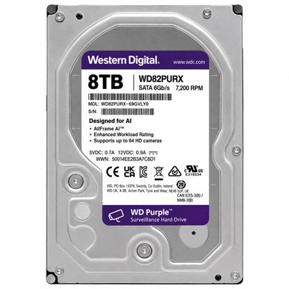 Western Digital - WD 8TB Purple Surveillance Internal Hard Drive - 7200 RPM Class, SATA 6 Gb Design for AI | WD82PURX