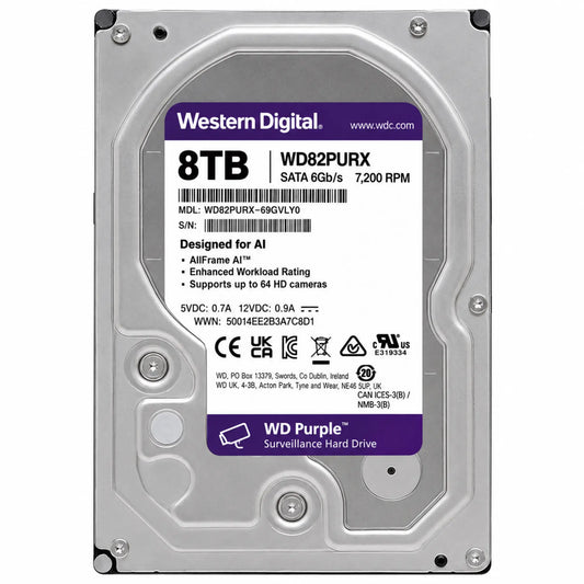 Western Digital - WD 8TB Purple Surveillance Internal Hard Drive - 7200 RPM Class, SATA 6 Gb Design for AI | WD82PURX