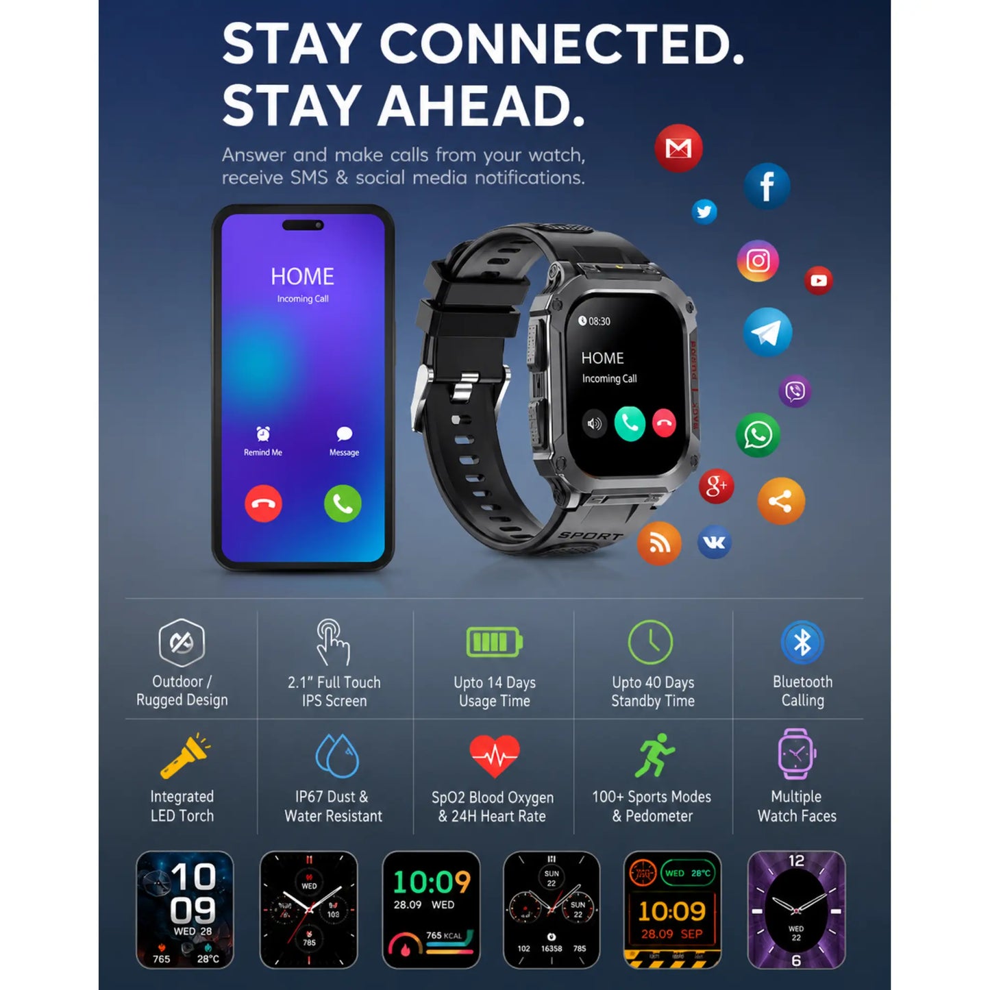 Hezire H-Watch Commando Black Smartwatch | Rugged Outdoor Bluetooth Calling Watch | HEZ-SW-06