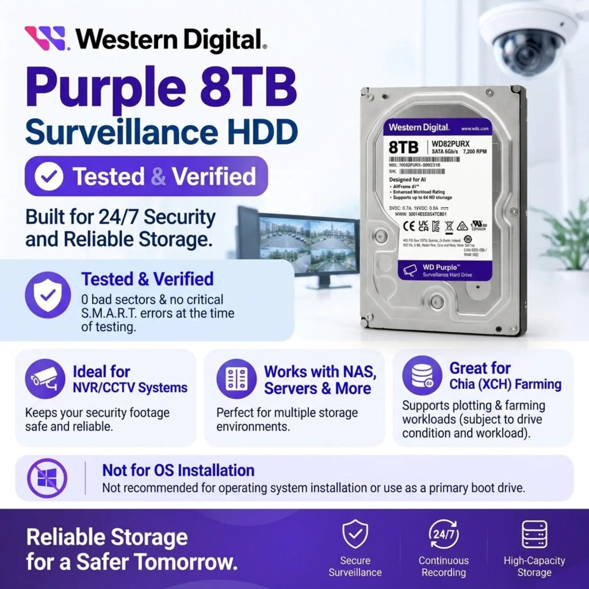 Western Digital - WD 8TB Purple Surveillance Internal Hard Drive - 7200 RPM Class, SATA 6 Gb Design for AI | WD82PURX