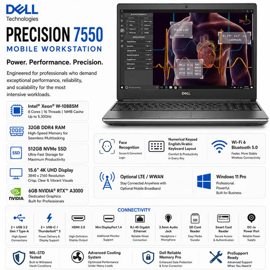 Dell Precision 7550 Mobile Workstation |  Intel® Xeon® W-10885M | 32GB DDR4 RAM, 512GB NVMe SSD | 15.6" 4K with 6GB NVIDIA RTX