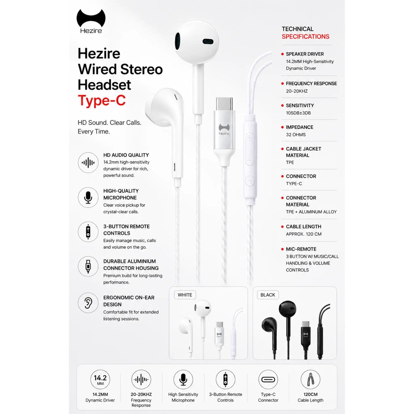 Hezire Htune T1X Wired Stereo Headset Type C | HEZ-WSH-TYPC3