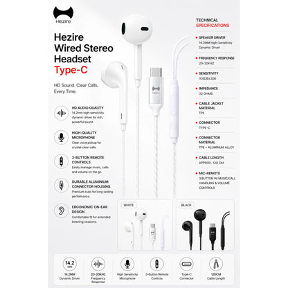 Hezire Htune T1X Wired Stereo Headset Type C | HEZ-WSH-TYPC3
