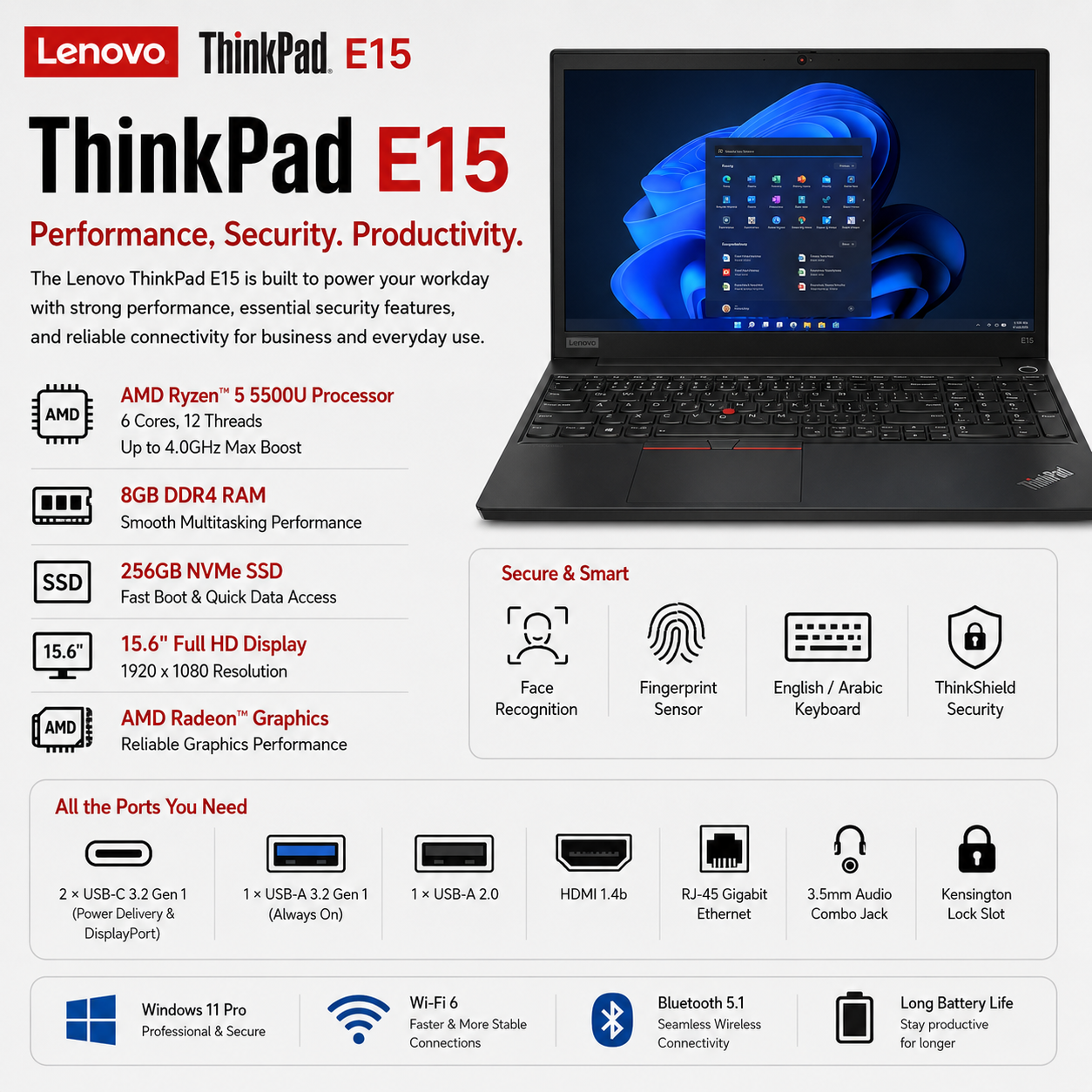 Lenovo ThinkPad E15 | AMD Ryzen™ 5 5500U | 4.0GHz, along with 8GB DDR4 RAM, 256GB NVMe SSD | 15.6" Full HD display