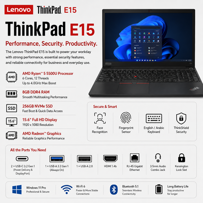 Lenovo ThinkPad E15 | AMD Ryzen™ 5 5500U | 4.0GHz, along with 8GB DDR4 RAM, 256GB NVMe SSD | 15.6" Full HD display