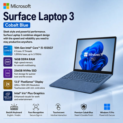 Microsoft Surface Laptop 3 in the iconic Cobalt Blue | Intel® Core™ i5-1035G7 10th Generation | 16GB DDR4 RAM, and fast 256GB NVMe