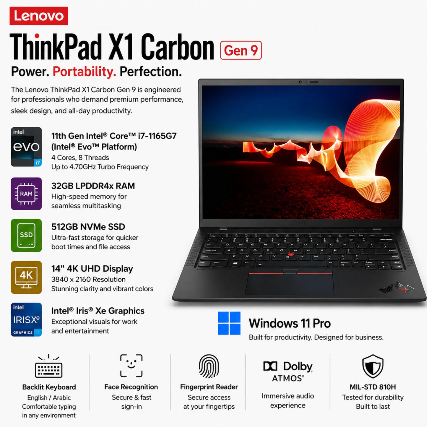Lenovo ThinkPad X1 Carbon Gen 9 | 11th Gen Intel® Core™ i7-1165G7 (Intel® Evo™) | 32GB RAM, and fast 512GB NVMe SSD