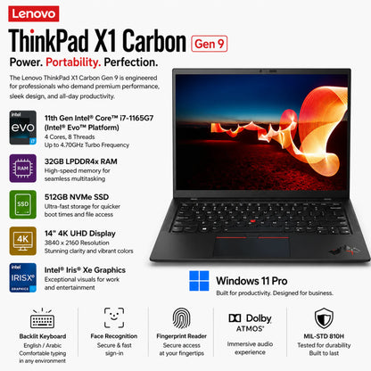 Lenovo ThinkPad X1 Carbon Gen 9 | 11th Gen Intel® Core™ i7-1165G7 (Intel® Evo™) | 32GB RAM, and fast 512GB NVMe SSD